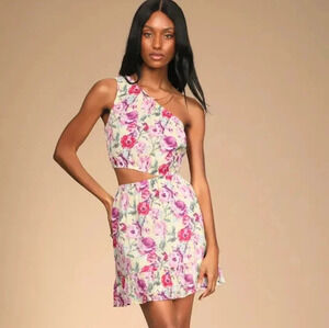 Lulus Beauty and Blooms Floral Cutout One-Shoulder Mini Dress XS NWT